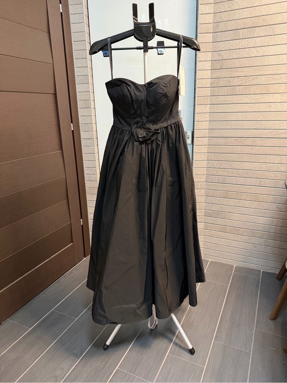 Strapless Black A-Line Evening Gown with Floral Waist - Picture 2 of 9